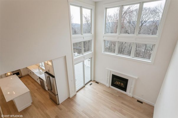 Empty room, Fireplace, Interior, Kitchen, Wood Texture Flooring