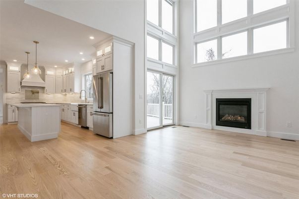 Fireplace, Interior, Kitchen, Pendant Lights, Recessed Lighting, Stainless Steel Appliances, Wood Texture Flooring