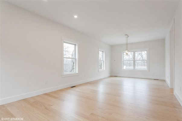 Empty room, Interior, Pendant Lights, Recessed Lighting, Wood Texture Flooring