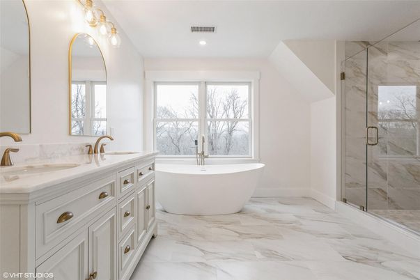 Bathroom, Dual Sink Vanities, Free Standing Baths, Glass Shower, Interior, Marble, Marble Walls, Recessed Lighting