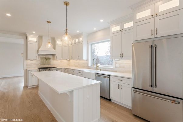 Interior, Kitchen, Pendant Lights, Recessed Lighting, Stainless Steel Appliances, Wood Texture Flooring