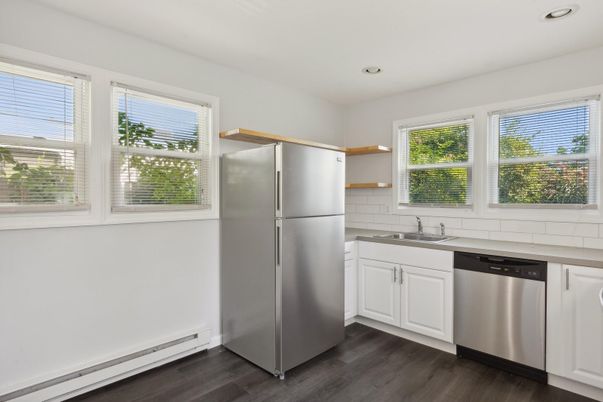 Interior, Kitchen, Recessed Lighting, Stainless Steel Appliances, Wood Texture Flooring