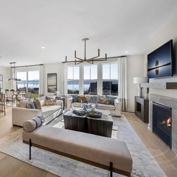 Dining room, Fireplace, Interior, Living room, Pendant Lights, Recessed Lighting, Wood Texture Flooring