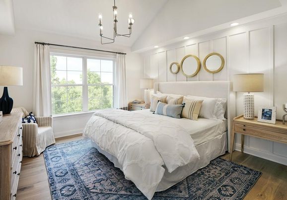 Bedroom, Chandelier, Interior, Recessed Lighting, Wood Texture Flooring
