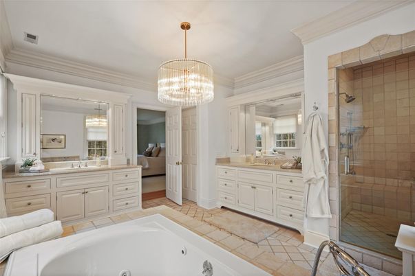 Bathroom, Chandelier, Dual Sink Vanities, Glass Shower, Interior, Tile Countertops