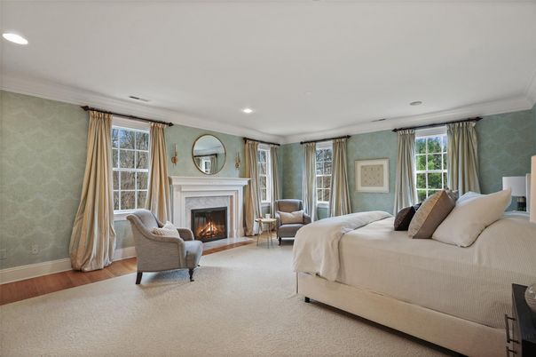 Bedroom, Fireplace, Interior, Recessed Lighting, Wood Texture Flooring