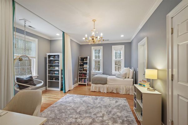 Bedroom, Interior, Pendant Lights, Recessed Lighting, Wood Texture Flooring