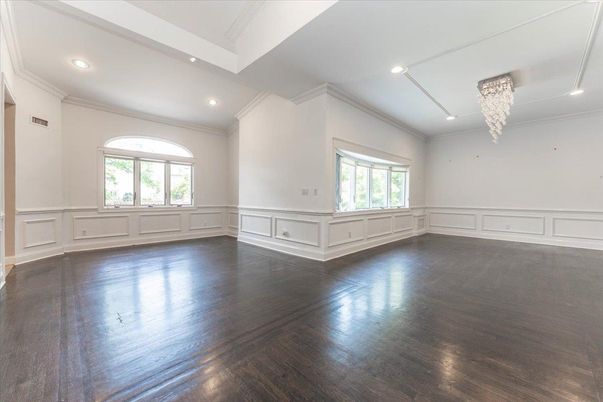Chandelier, Empty room, Interior, Recessed Lighting, Wood Texture Flooring