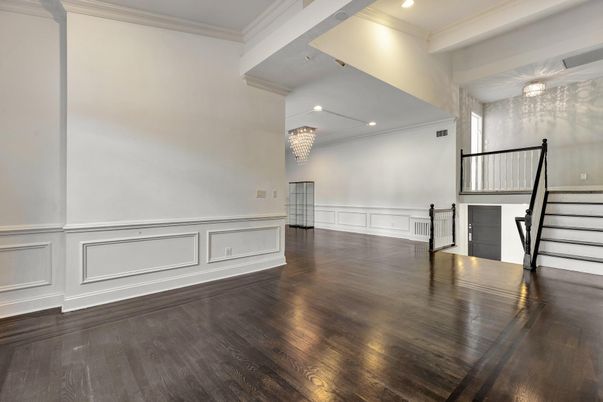 Chandelier, Empty room, Interior, Recessed Lighting, Wood Texture Flooring