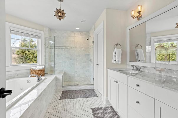 Bathroom, Dual Sink Vanities, Glass Shower, Interior, Recessed Lighting