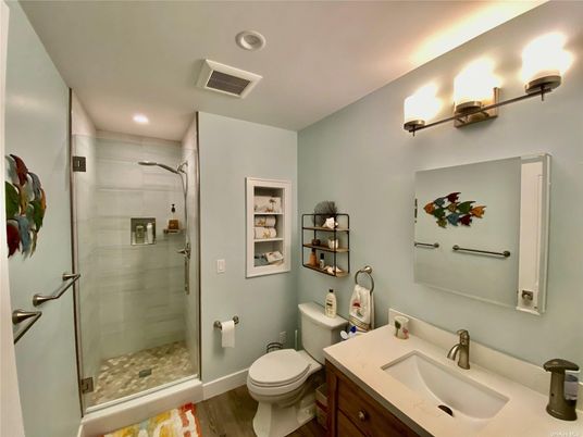 Bathroom, Glass Shower, Interior, Recessed Lighting, Wood Texture Flooring