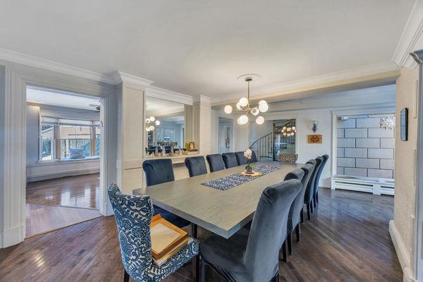 Dining room, Interior, Pendant Lights, Wood Texture Flooring