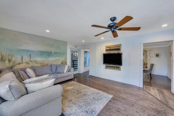Fireplace, Interior, Living room, Recessed Lighting, Wood Texture Flooring