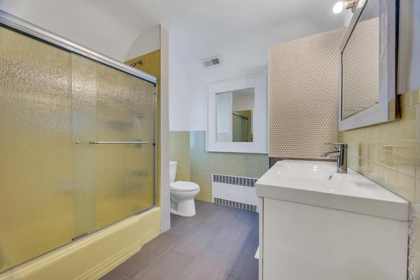 Bathroom, Glass Shower, Interior, Wood Texture Flooring