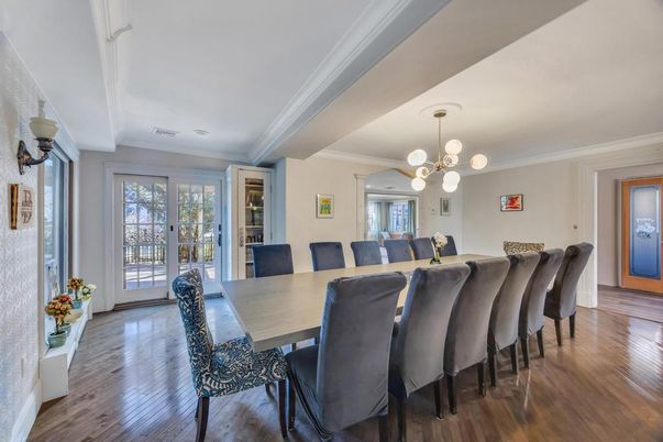 Dining room, Interior, Pendant Lights, Wood Texture Flooring
