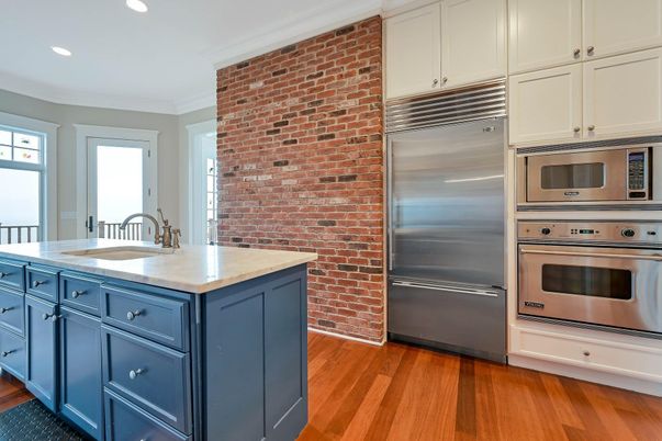 Interior, Kitchen, Recessed Lighting, Stainless Steel Appliances, Stone Walls, Wood Texture Flooring