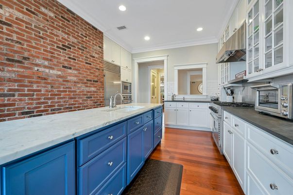 Interior, Kitchen, Recessed Lighting, Stainless Steel Appliances, Stone Walls, Wood Texture Flooring