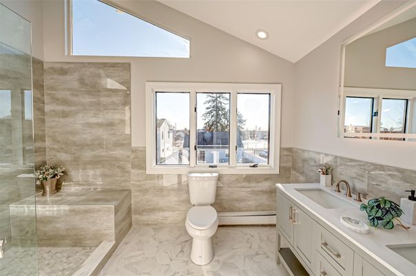 Bathroom, Dual Sink Vanities, Glass Shower, Interior, Marble, Recessed Lighting