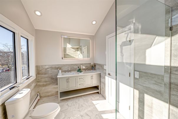 Bathroom, Dual Sink Vanities, Glass Shower, Interior, Marble, Recessed Lighting