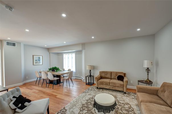 Dining room, Interior, Living room, Recessed Lighting, Wood Texture Flooring