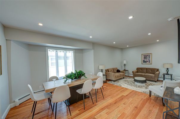 Dining room, Interior, Living room, Recessed Lighting, Wood Texture Flooring