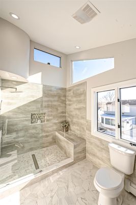 Bathroom, Free Standing Baths, Glass Shower, Interior, Marble, Recessed Lighting