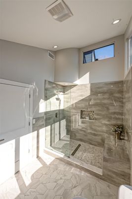 Bathroom, Glass Shower, Interior, Marble, Recessed Lighting