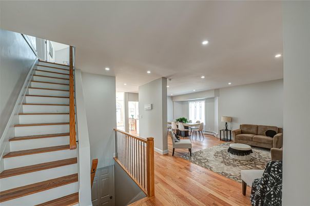 Dining room, Interior, Living room, Recessed Lighting, Wood Texture Flooring
