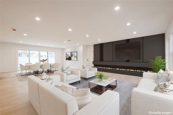Dining room, Interior, Living room, Recessed Lighting, Wood Texture Flooring