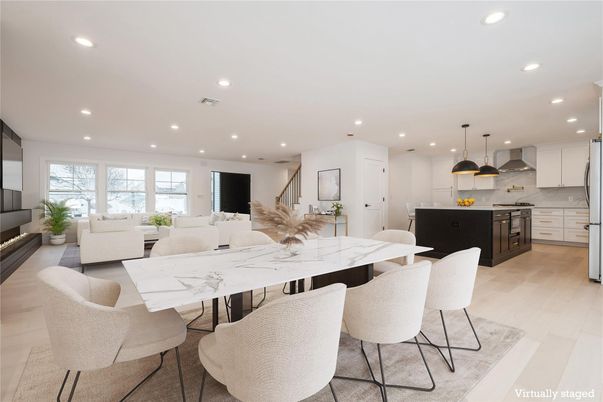 Dining room, Interior, Kitchen, Living room, Pendant Lights, Recessed Lighting, Stainless Steel Appliances, Wood Texture Flooring