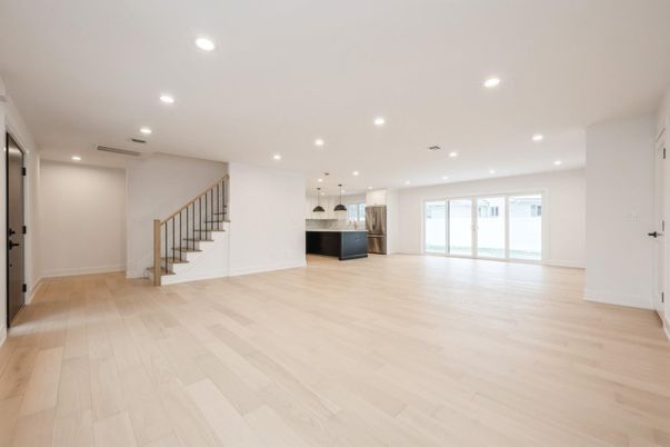 Empty room, Interior, Kitchen, Pendant Lights, Recessed Lighting, Wood Texture Flooring