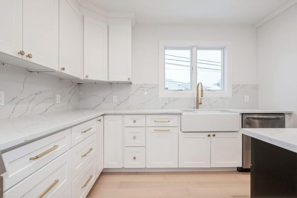 Interior, Kitchen, Marble Walls, Wood Texture Flooring
