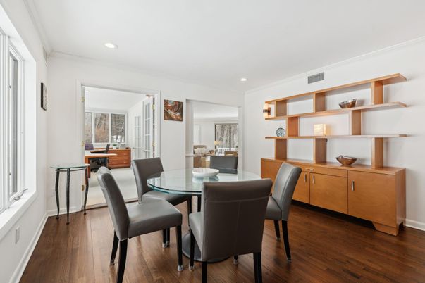 Dining room, Interior, Recessed Lighting, Wood Texture Flooring
