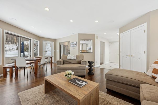 Dining room, Interior, Living room, Recessed Lighting, Wood Texture Flooring
