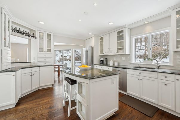 Dining room, Interior, Kitchen, Recessed Lighting, Stainless Steel Appliances, Wood Texture Flooring