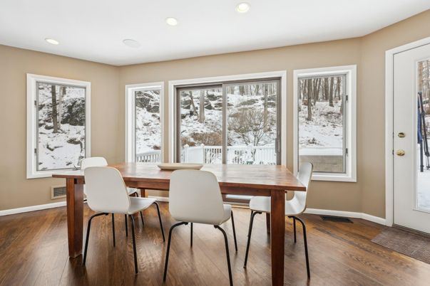 Dining room, Interior, Recessed Lighting, Wood Texture Flooring