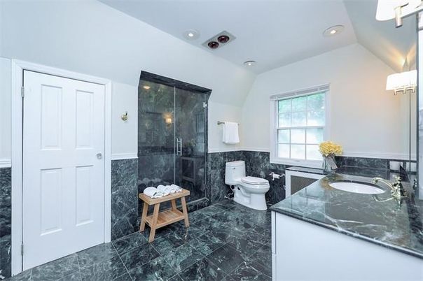 Bathroom, Dual Sink Vanities, Glass Shower, Interior, Marble, Recessed Lighting