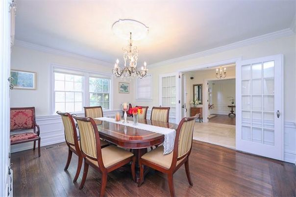 Chandelier, Dining room, Interior, Wood Texture Flooring