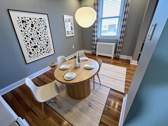 Dining room, Interior, Pendant Lights, Wood Texture Flooring