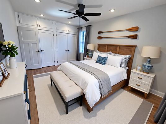 Bedroom, Interior, Recessed Lighting, Wood Texture Flooring