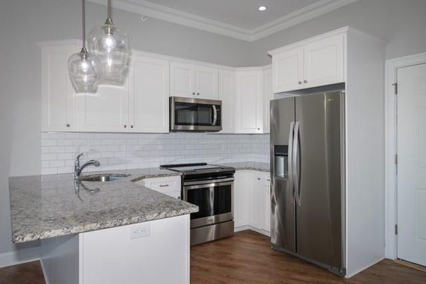 Interior, Kitchen, Pendant Lights, Recessed Lighting, Stainless Steel Appliances, Wood Texture Flooring