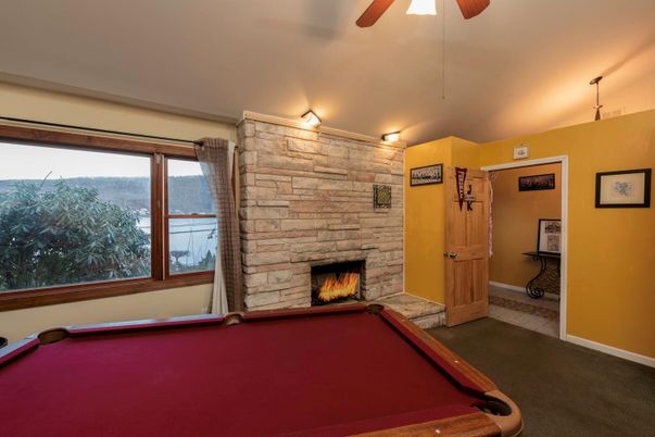 Billiard Table, Fireplace, Game Room, Interior, Stone Walls
