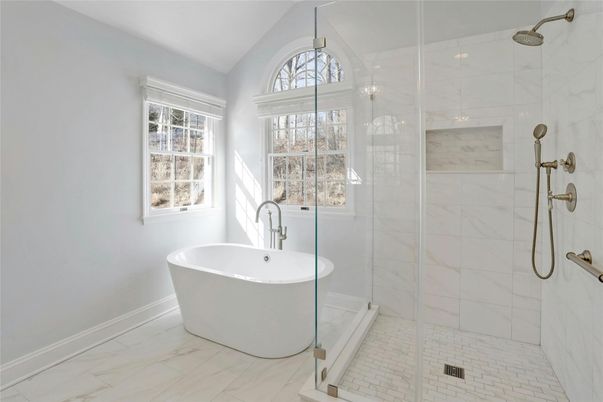 Bathroom, Free Standing Baths, Glass Shower, Interior, Marble, Marble Walls