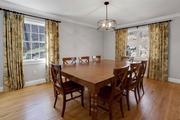 Dining room, Interior, Pendant Lights, Wood Texture Flooring
