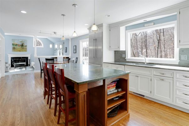 Dining room, Fireplace, Interior, Kitchen, Pendant Lights, Recessed Lighting, Wood Texture Flooring