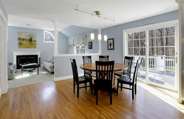 Dining room, Fireplace, Interior, Pendant Lights, Wood Texture Flooring
