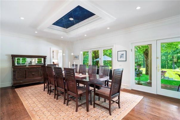 Dining room, Interior, Pendant Lights, Recessed Lighting, Wood Texture Flooring
