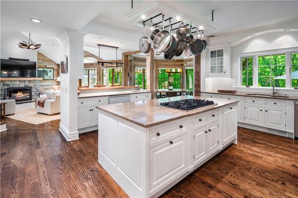 Fireplace, Interior, Kitchen, Living room, Recessed Lighting, Stainless Steel Appliances, Wood Texture Flooring