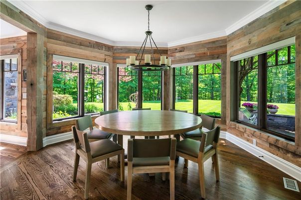 Dining room, Interior, Pendant Lights, Wood Texture Flooring, Wooden Walls