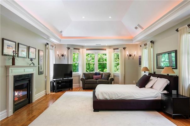 Bedroom, Fireplace, Interior, Recessed Lighting, Wood Texture Flooring